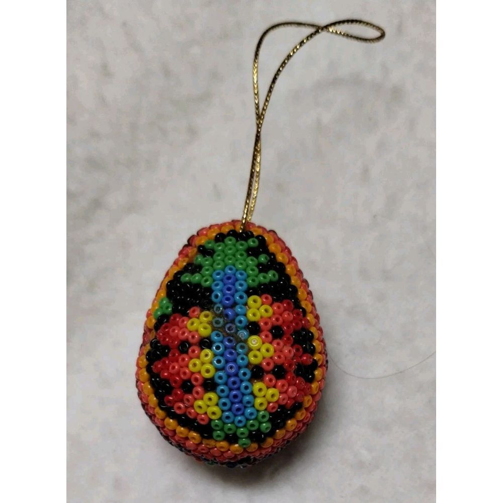 Native American‎ Huichol style Rainbow Beaded Egg Huevito Ornament